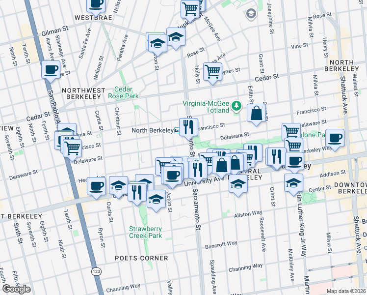 map of restaurants, bars, coffee shops, grocery stores, and more near in Berkeley