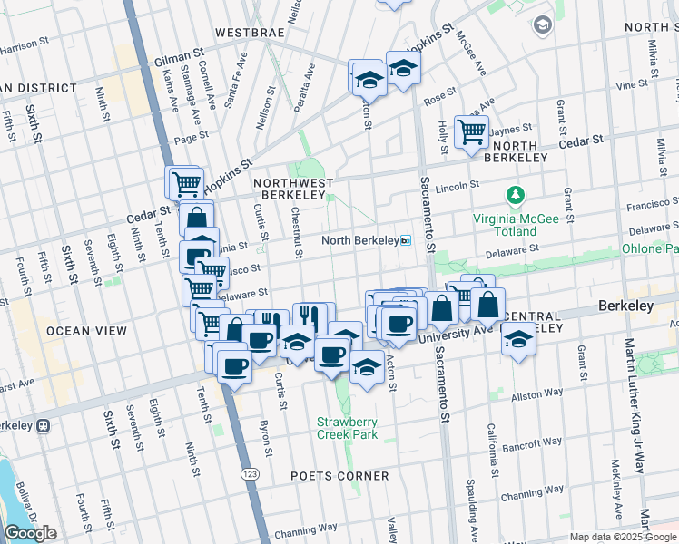 map of restaurants, bars, coffee shops, grocery stores, and more near 1353 Francisco Street in Berkeley