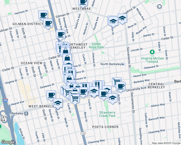 map of restaurants, bars, coffee shops, grocery stores, and more near 1729 Chestnut Street in Berkeley