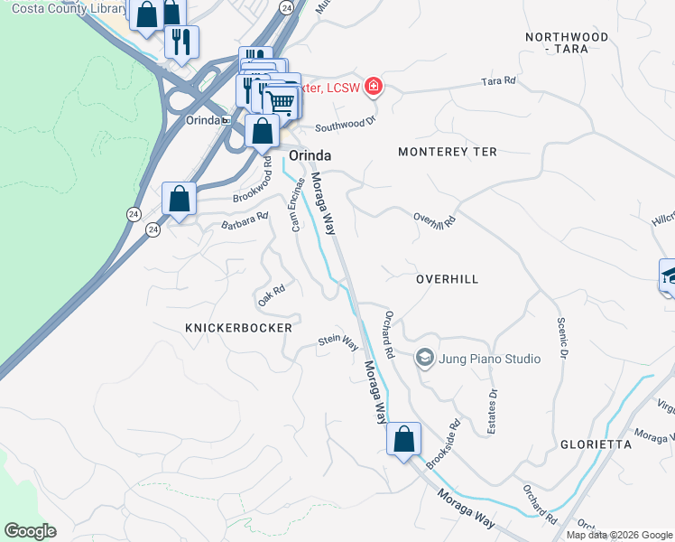 map of restaurants, bars, coffee shops, grocery stores, and more near 123 Moraga Way in Orinda