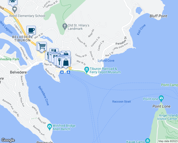 map of restaurants, bars, coffee shops, grocery stores, and more near 410 Paradise Drive in Belvedere Tiburon