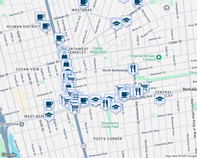 map of restaurants, bars, coffee shops, grocery stores, and more near 1255 Francisco Street in Berkeley