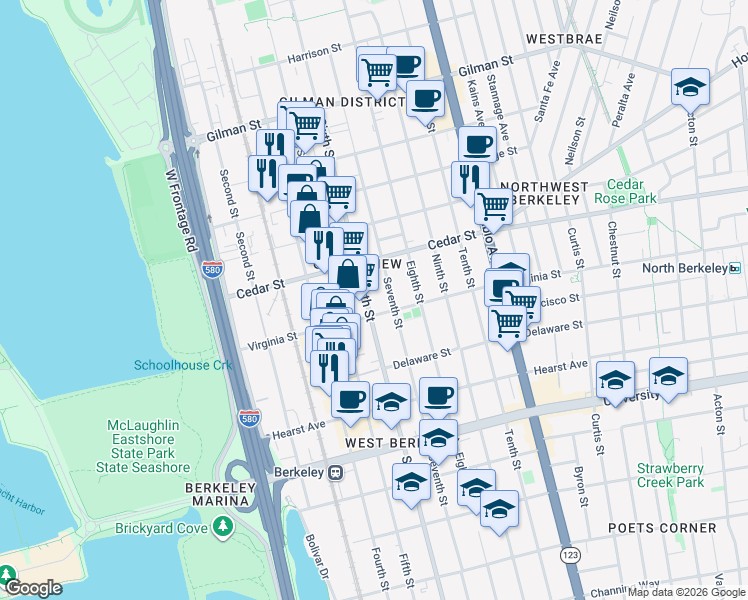 map of restaurants, bars, coffee shops, grocery stores, and more near 1633 Sixth Street in Berkeley
