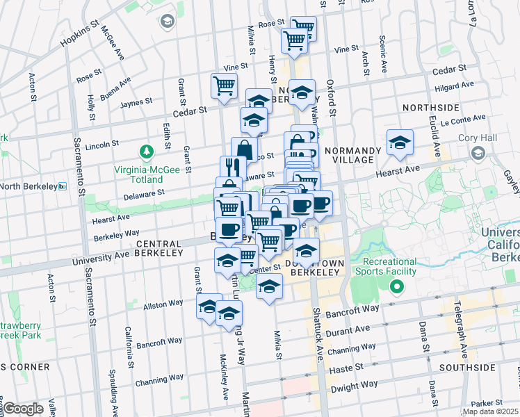 map of restaurants, bars, coffee shops, grocery stores, and more near 1904 Milvia Street in Berkeley