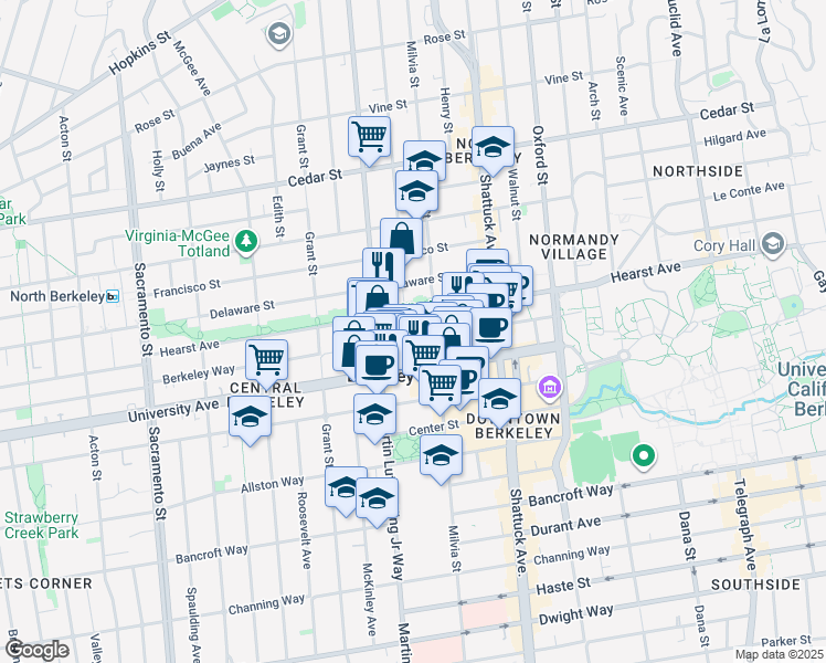map of restaurants, bars, coffee shops, grocery stores, and more near 1912 Hearst Avenue in Berkeley