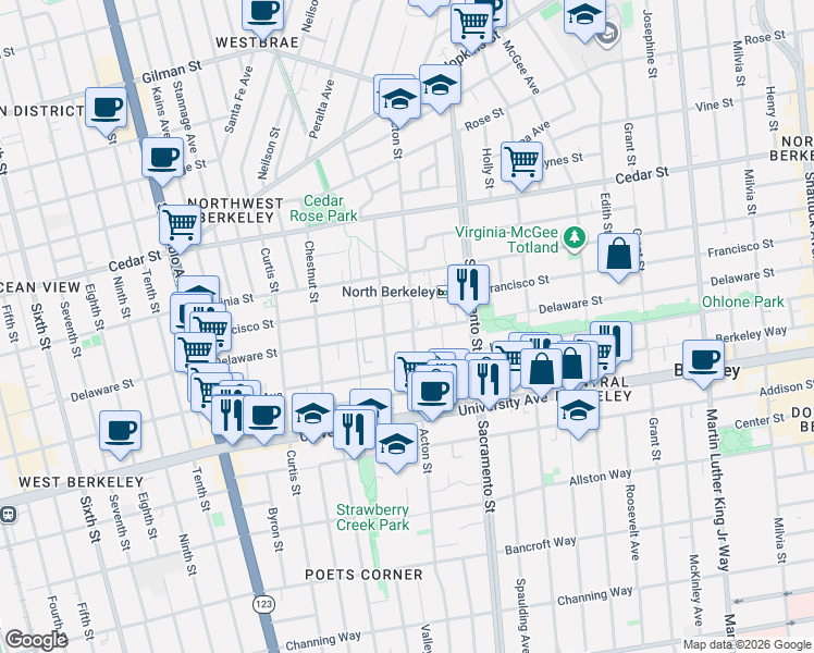 map of restaurants, bars, coffee shops, grocery stores, and more near in Berkeley