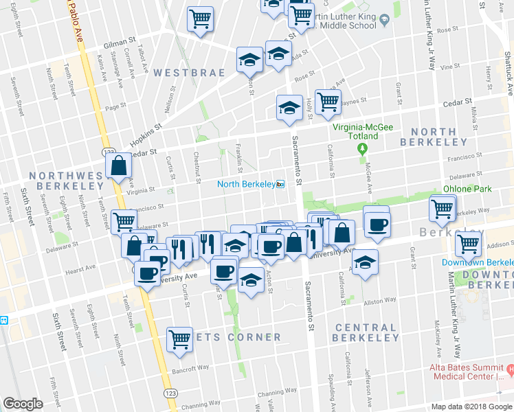 map of restaurants, bars, coffee shops, grocery stores, and more near 1721 Acton Street in Berkeley