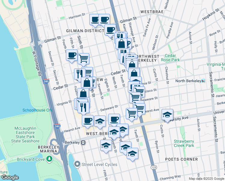 map of restaurants, bars, coffee shops, grocery stores, and more near 1636 Ninth Street in Berkeley