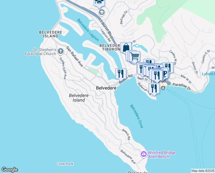 map of restaurants, bars, coffee shops, grocery stores, and more near 532 San Rafael Avenue in Belvedere