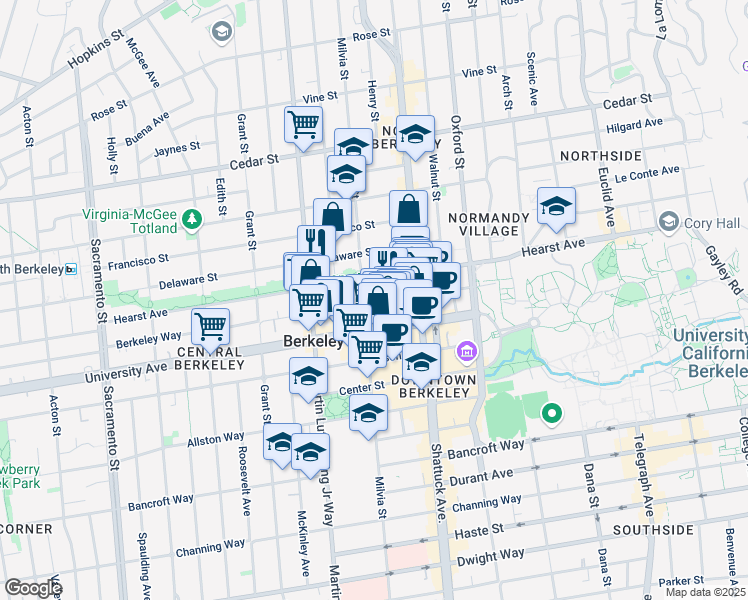 map of restaurants, bars, coffee shops, grocery stores, and more near 1904 Milvia Street in Berkeley