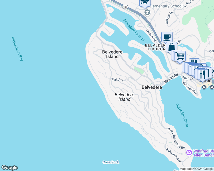 map of restaurants, bars, coffee shops, grocery stores, and more near 11 Belvedere Avenue in Belvedere Tiburon