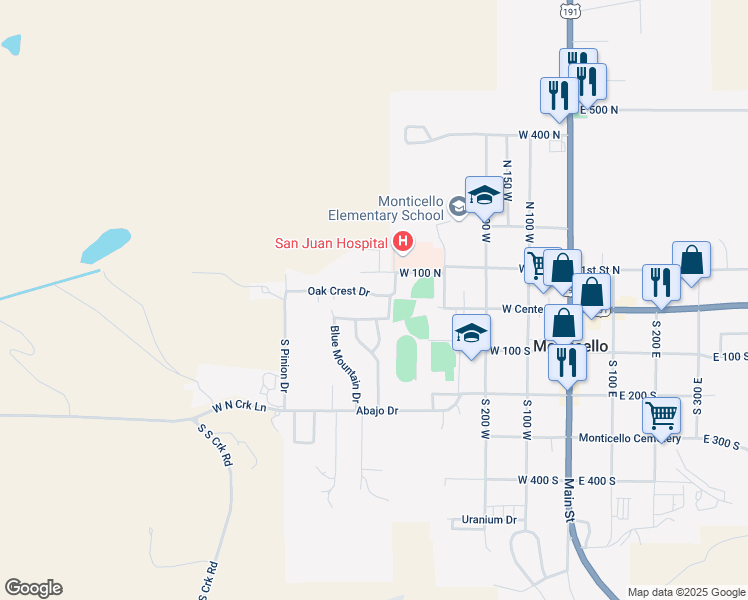 map of restaurants, bars, coffee shops, grocery stores, and more near 481 Oak Crest Drive in Monticello