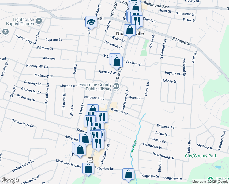 map of restaurants, bars, coffee shops, grocery stores, and more near 103 Hickory Hill Road in Nicholasville