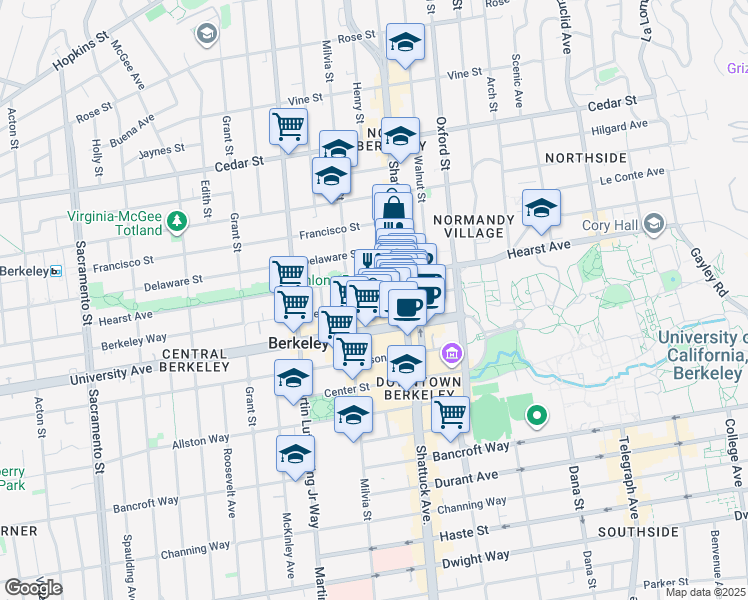 map of restaurants, bars, coffee shops, grocery stores, and more near 1918 Henry Street in Berkeley