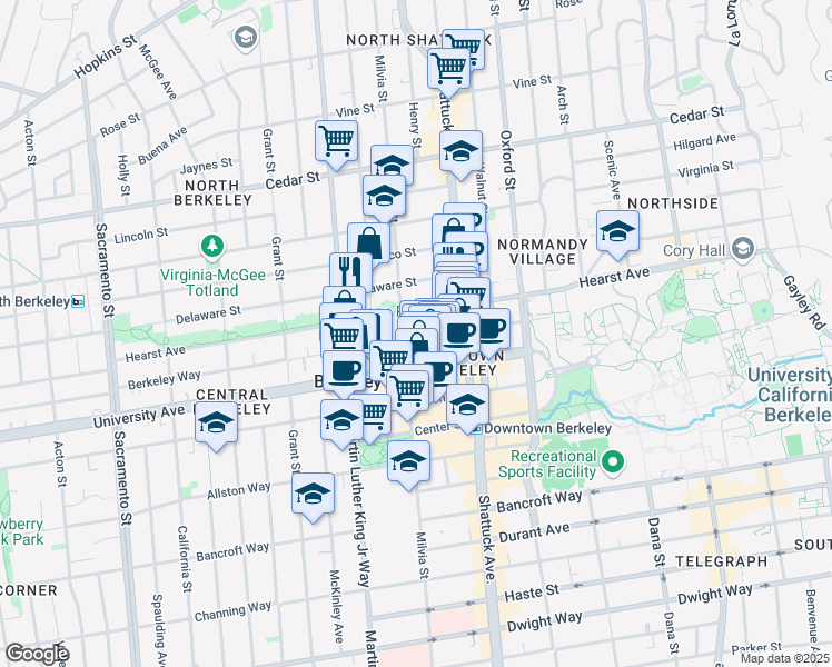 map of restaurants, bars, coffee shops, grocery stores, and more near 1904 Milvia Street in Berkeley
