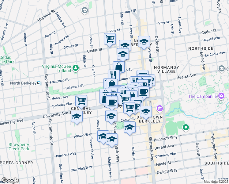 map of restaurants, bars, coffee shops, grocery stores, and more near 1912 Hearst Avenue in Berkeley