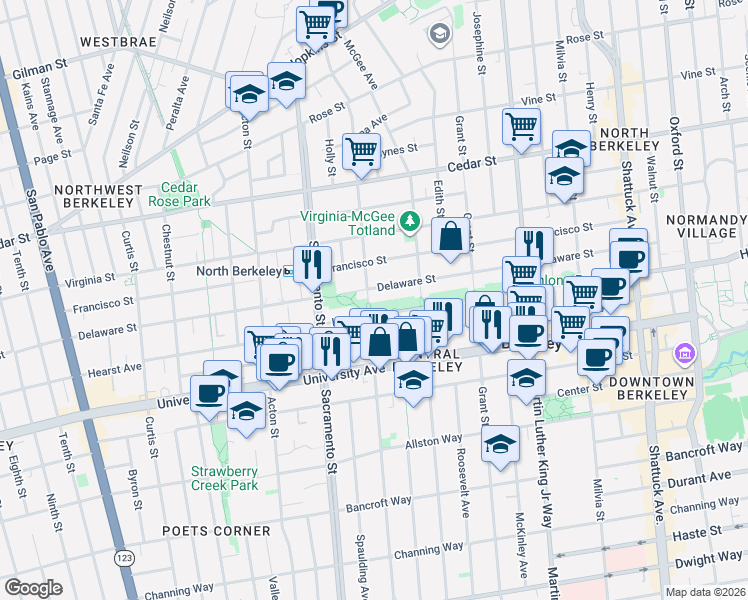 map of restaurants, bars, coffee shops, grocery stores, and more near 1601 Delaware Street in Berkeley