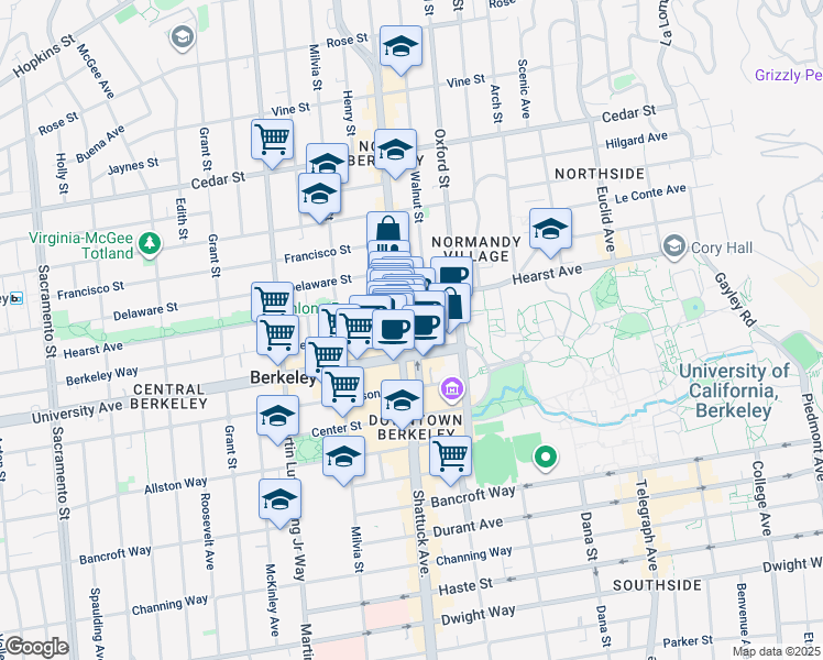 map of restaurants, bars, coffee shops, grocery stores, and more near Berkeley Way in Berkeley