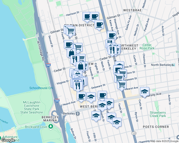 map of restaurants, bars, coffee shops, grocery stores, and more near in Berkeley