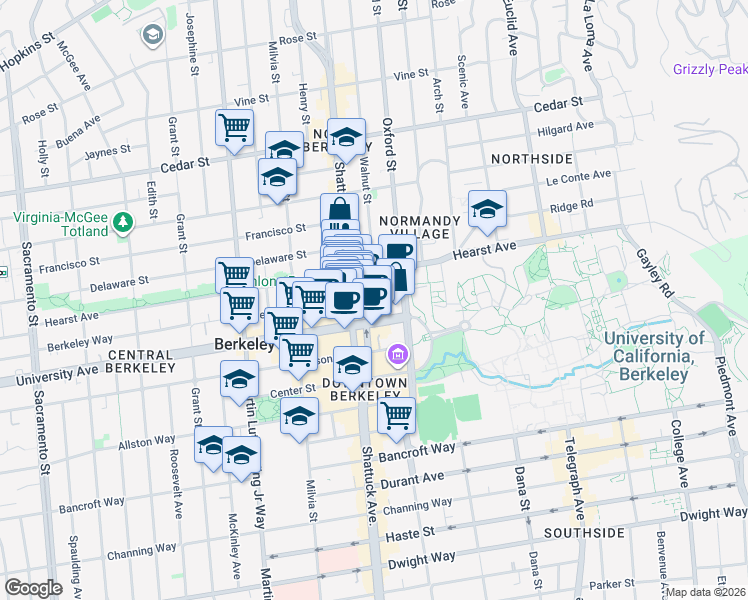 map of restaurants, bars, coffee shops, grocery stores, and more near 2150 Berkeley Way in Berkeley