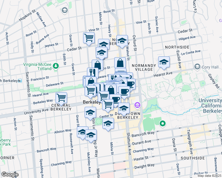 map of restaurants, bars, coffee shops, grocery stores, and more near 1904 Milvia Street in Berkeley