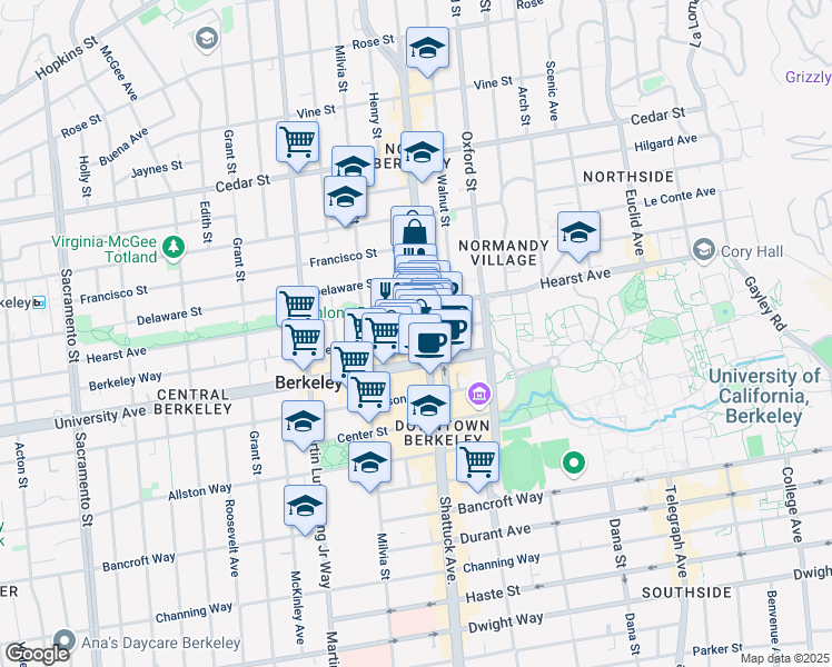 map of restaurants, bars, coffee shops, grocery stores, and more near 2053 Berkeley Way in Berkeley