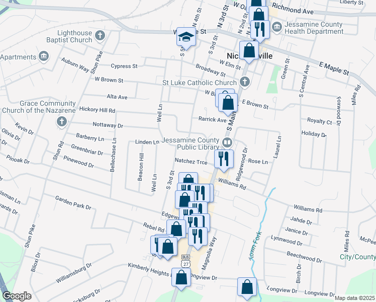map of restaurants, bars, coffee shops, grocery stores, and more near 206 Linden Lane in Nicholasville