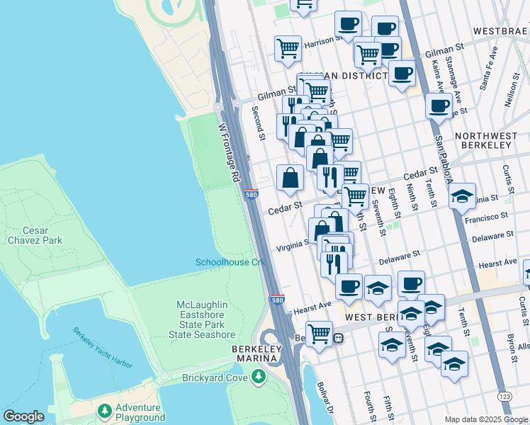 map of restaurants, bars, coffee shops, grocery stores, and more near 1599 Eastshore Highway in Berkeley
