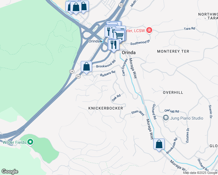 map of restaurants, bars, coffee shops, grocery stores, and more near 100 Lucille Way in Orinda