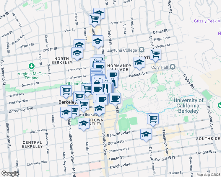 map of restaurants, bars, coffee shops, grocery stores, and more near in Berkeley