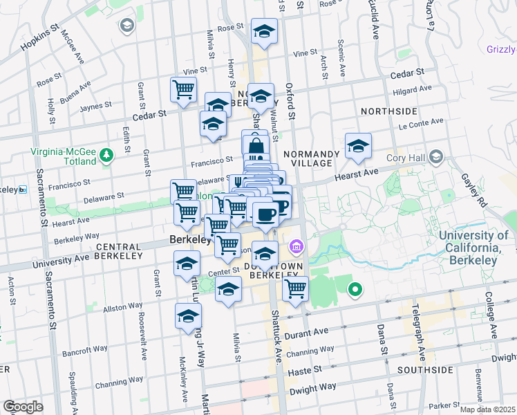 map of restaurants, bars, coffee shops, grocery stores, and more near 1918 Henry Street in Berkeley