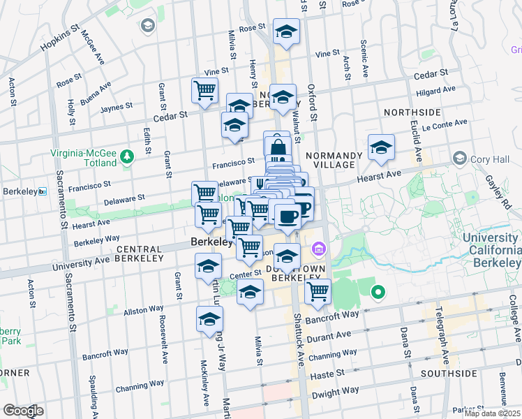 map of restaurants, bars, coffee shops, grocery stores, and more near 1918 Henry Street in Berkeley