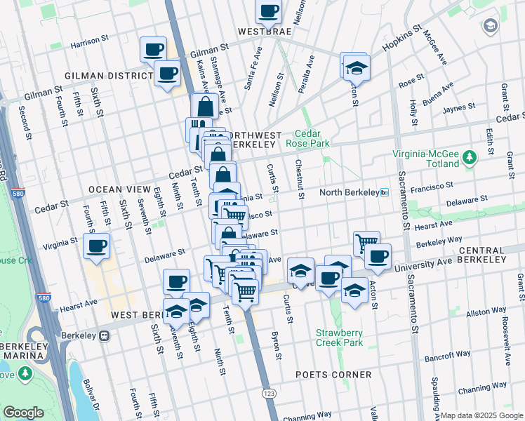 map of restaurants, bars, coffee shops, grocery stores, and more near 1700 Curtis Street in Berkeley