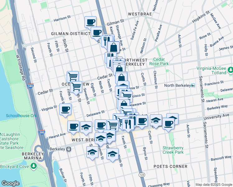 map of restaurants, bars, coffee shops, grocery stores, and more near 1659 San Pablo Avenue in Berkeley
