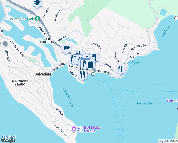 map of restaurants, bars, coffee shops, grocery stores, and more near 1 Main Street in Tiburon