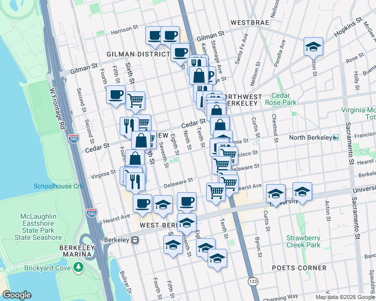 map of restaurants, bars, coffee shops, grocery stores, and more near 1636 Ninth Street in Berkeley