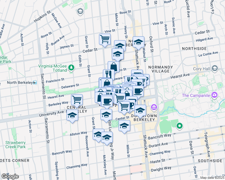 map of restaurants, bars, coffee shops, grocery stores, and more near 1906 Bonita Avenue in Berkeley