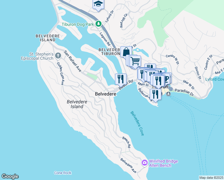 map of restaurants, bars, coffee shops, grocery stores, and more near 83 Beach Road in Belvedere