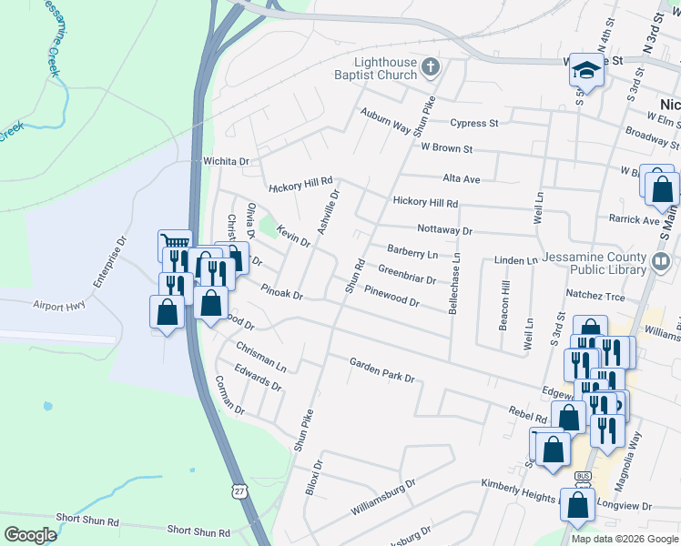 map of restaurants, bars, coffee shops, grocery stores, and more near 204 Kevin Drive in Nicholasville