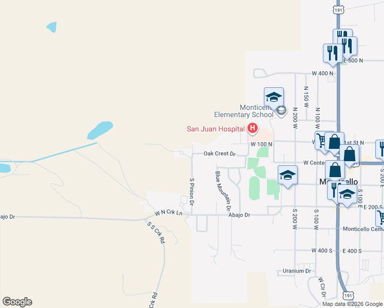 map of restaurants, bars, coffee shops, grocery stores, and more near North Pinyon Drive in Monticello