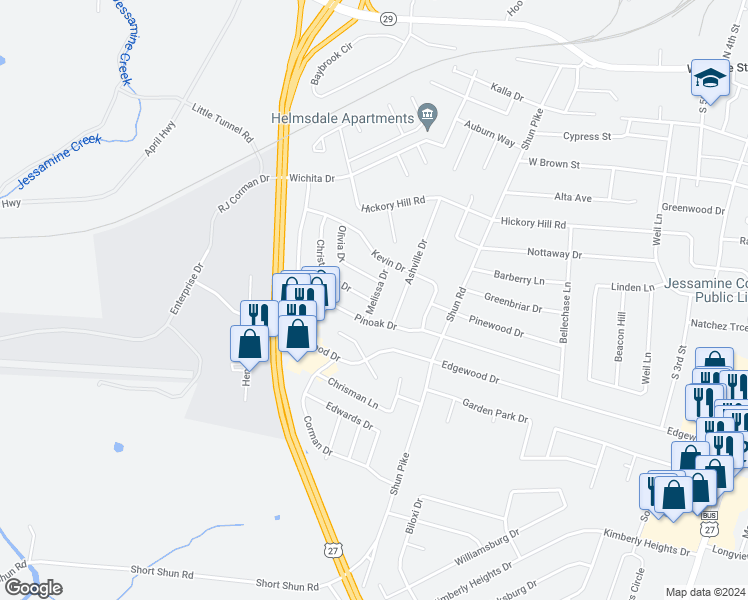 map of restaurants, bars, coffee shops, grocery stores, and more near 203 Melissa Drive in Nicholasville