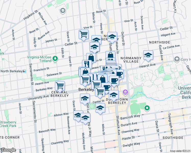 map of restaurants, bars, coffee shops, grocery stores, and more near 1932 Hearst Avenue in Berkeley