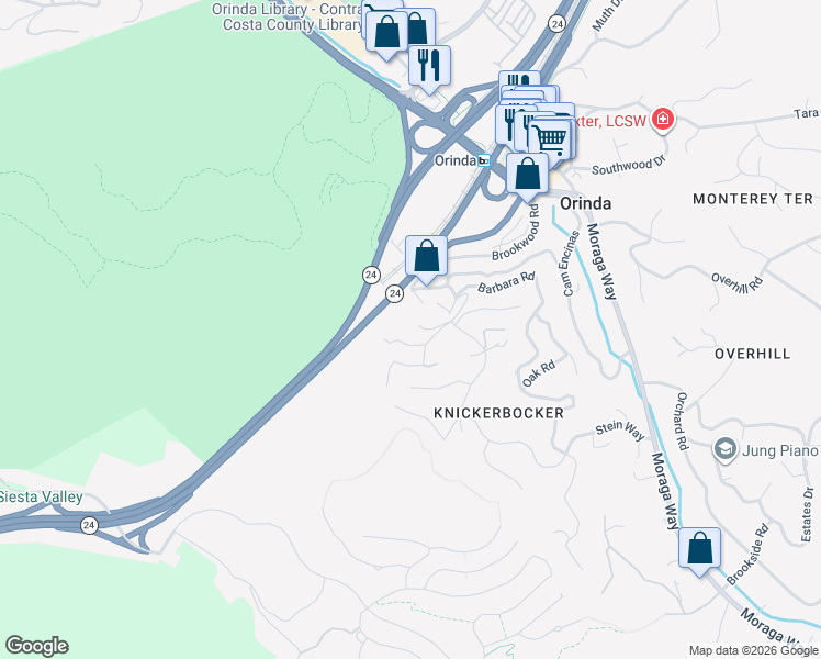 map of restaurants, bars, coffee shops, grocery stores, and more near 1 Wildwood Road in Orinda