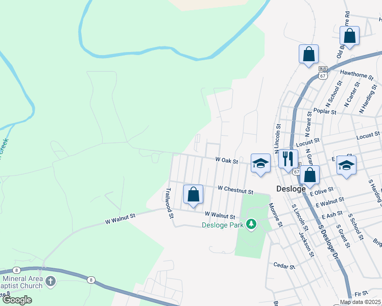 map of restaurants, bars, coffee shops, grocery stores, and more near 821 West Oak Street in Desloge