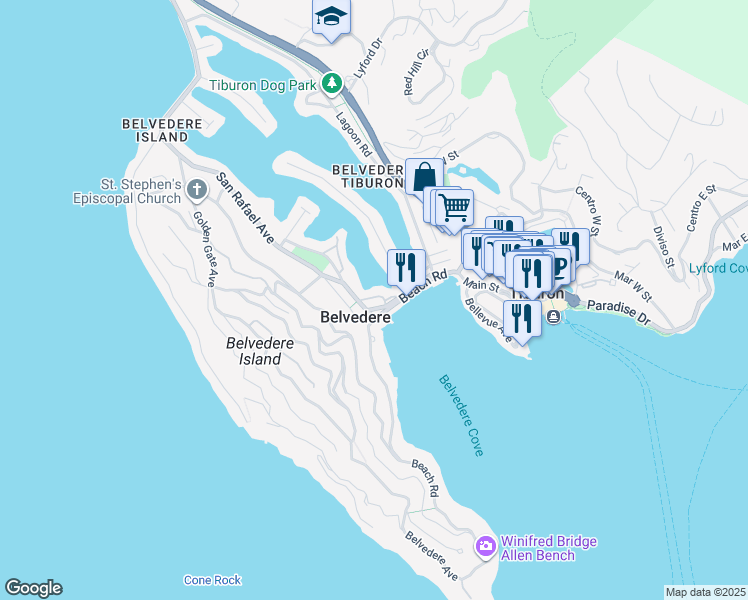 map of restaurants, bars, coffee shops, grocery stores, and more near 20 Teal Road in Belvedere