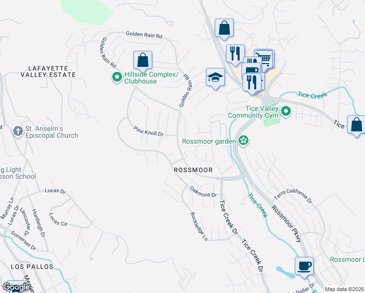 map of restaurants, bars, coffee shops, grocery stores, and more near 1500 Golden Rain Road in Walnut Creek