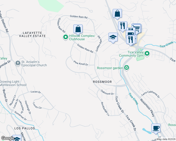map of restaurants, bars, coffee shops, grocery stores, and more near 2100 Pine Knoll Drive in Walnut Creek