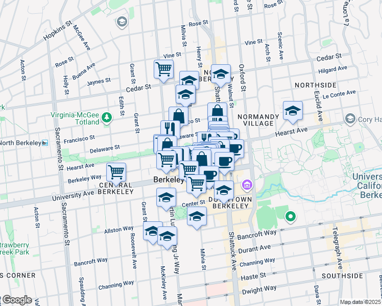 map of restaurants, bars, coffee shops, grocery stores, and more near 1904 Milvia Street in Berkeley