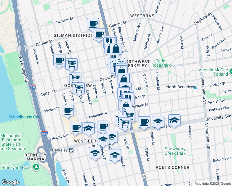 map of restaurants, bars, coffee shops, grocery stores, and more near 1646 Tenth Street in Berkeley