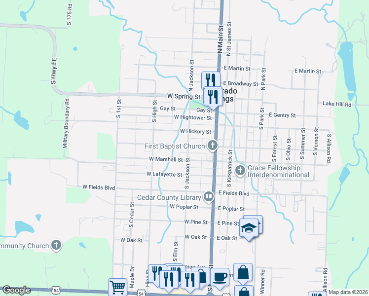 map of restaurants, bars, coffee shops, grocery stores, and more near 200-240 West Joe Davis Street in El Dorado Springs